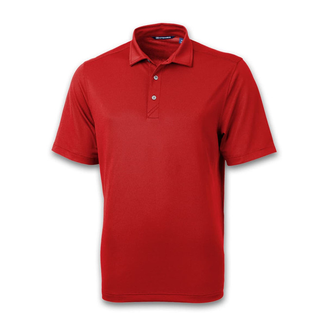 A red polo shirt with a classic collar, short sleeves, and a three-button placket. Features a logo on the chest.