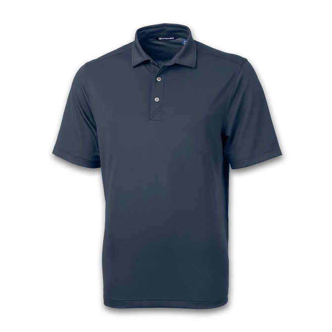 A navy blue short-sleeved polo shirt with a collar and a logo.