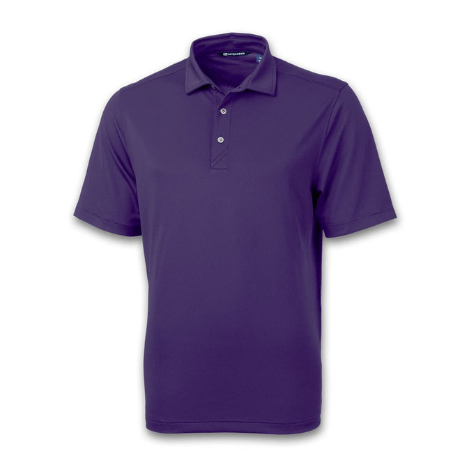 A purple men's polo shirt with a collar and three buttons, featuring a logo on the chest.