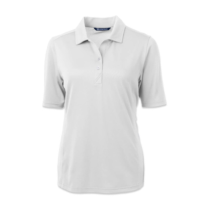 A light grey women's polo shirt with a collar and short sleeves, featuring buttons and a logo.