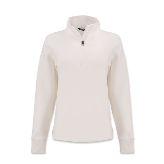 A women's half zip jacket in cream, featuring long sleeves and a quarter zip neck. Includes a logo.
