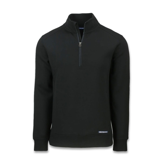 A black Cutter & Buck Roam men's half zip jacket with long sleeves and a zipper neck. Features a logo on the bottom.