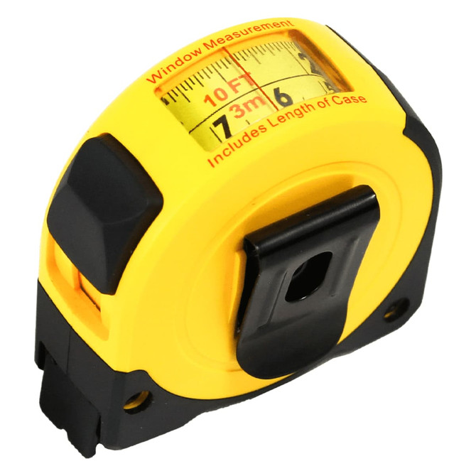 A tape measure in yellow and black, featuring a measurement window and a branding logo.