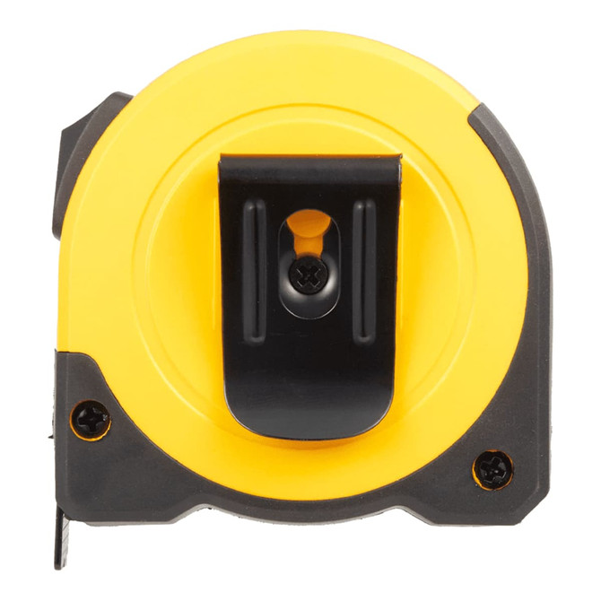 A yellow and black tape measure with a clip on the back for easy attachment. The design is compact and practical.