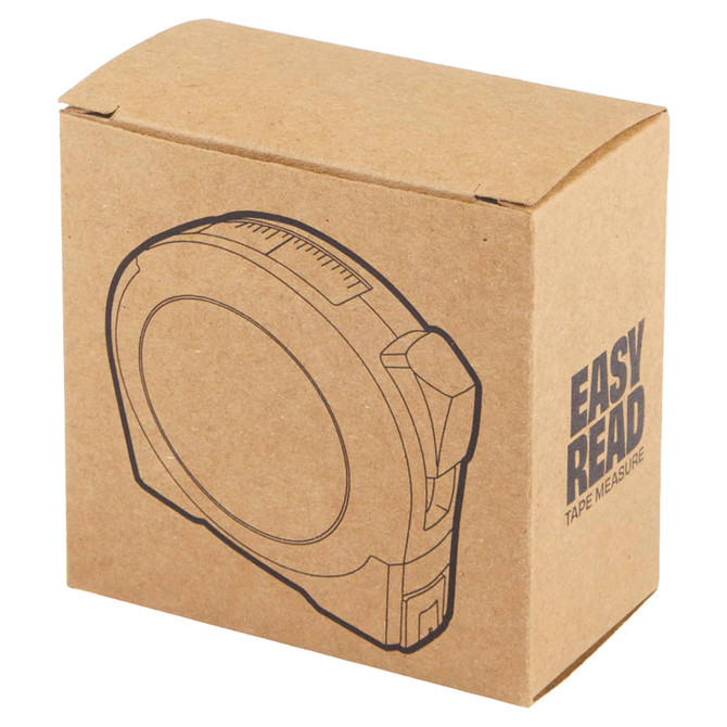 A cardboard box containing an Easy-Read 3 metre tape measure, illustrated in black outline on the front.