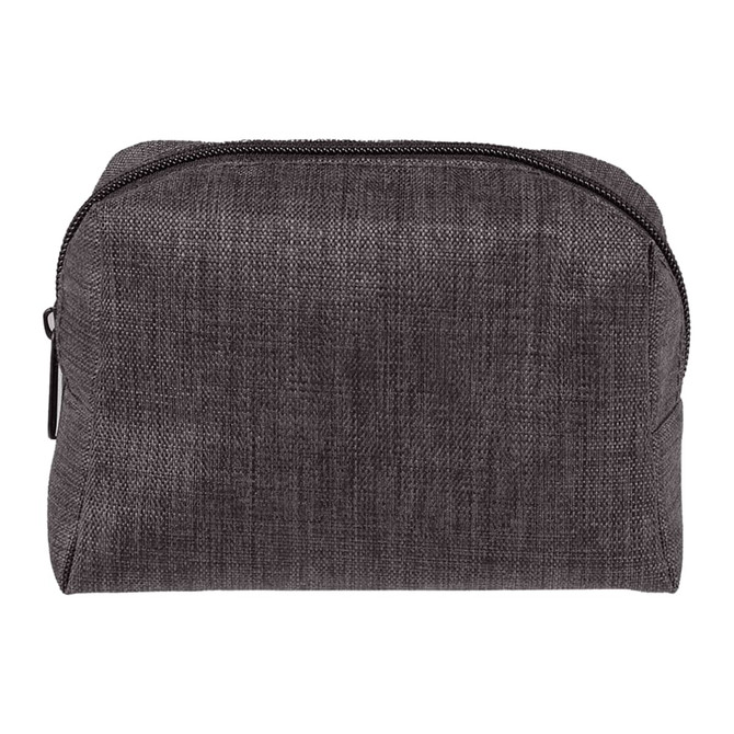 A grey toiletry bag with a zip closure, suitable for personal care essentials. Features a simple design and fabric texture.