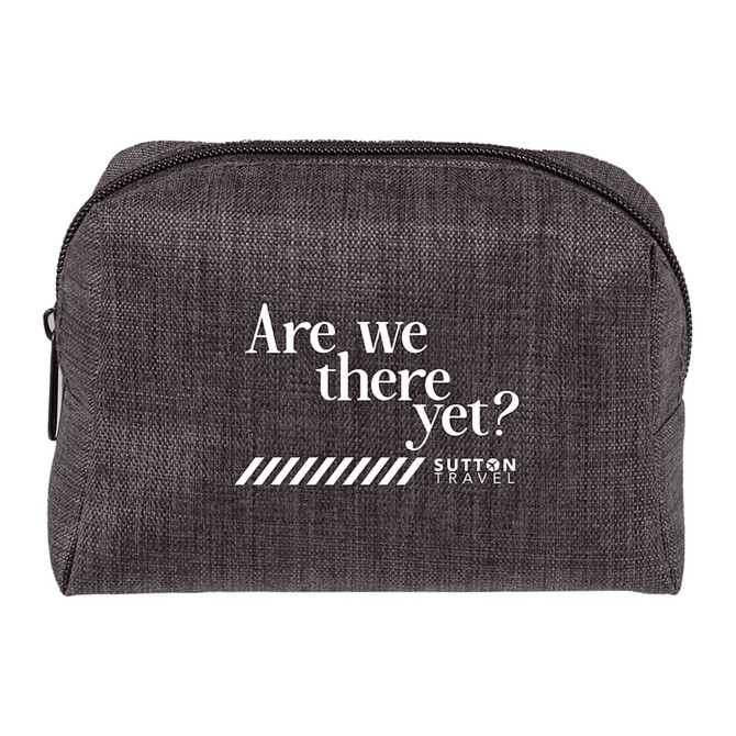 A grey travel pouch with a zip closure and a logo, featuring the phrase "Are we there yet?" in white text.