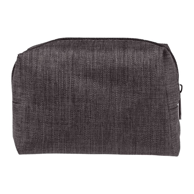 A grey textured bag with a zip closure, designed for personal care essentials.