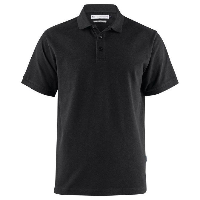 A black cotton polo shirt with short sleeves and a collar, featuring buttons and a logo.