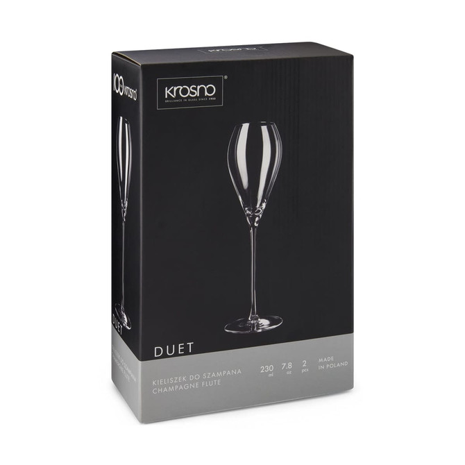 A box containing two Krosno Duet 230ML glass flutes, featuring a sleek design and a transparent colour.