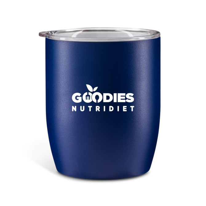 A drink bottle in navy blue with a clear lid and a white logo on the front.