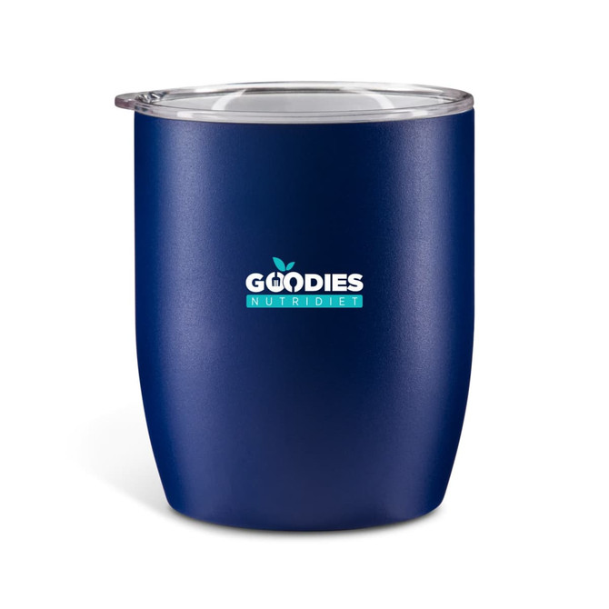 A navy blue drink bottle with a transparent lid and a logo on the front.