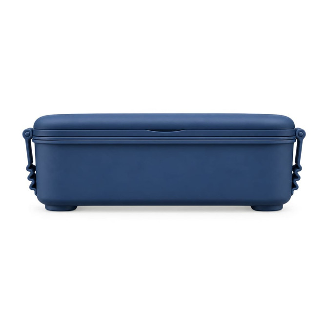 A navy blue lunchbox with a smooth finish and side handles, featuring a secure lid and a simple design.