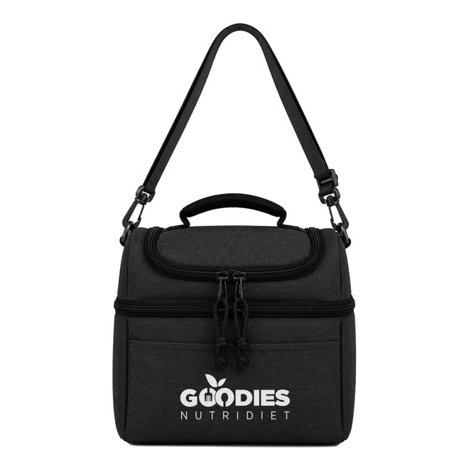 A black insulated lunch bag with a handle and adjustable shoulder strap, featuring a front pocket and a logo.