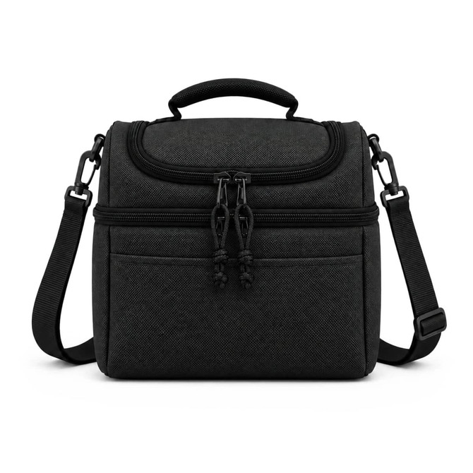 A black cooler bag with a top handle, adjustable shoulder strap, and two zipped compartments.