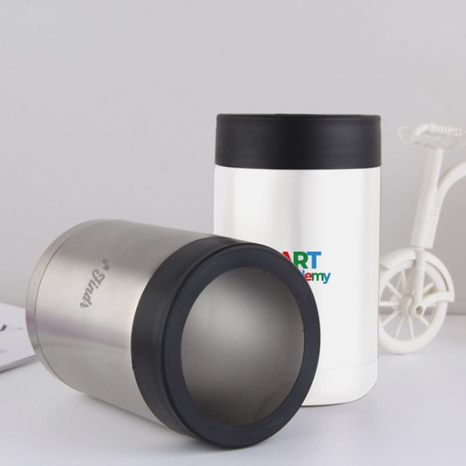 A 14oz stainless steel stubby holder in silver and white, featuring a black lid and a logo.