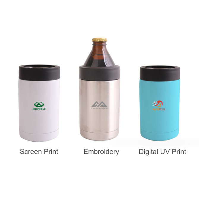 A stainless steel stubby holder in silver, with a drink bottle inside, flanked by two other coloured holders.