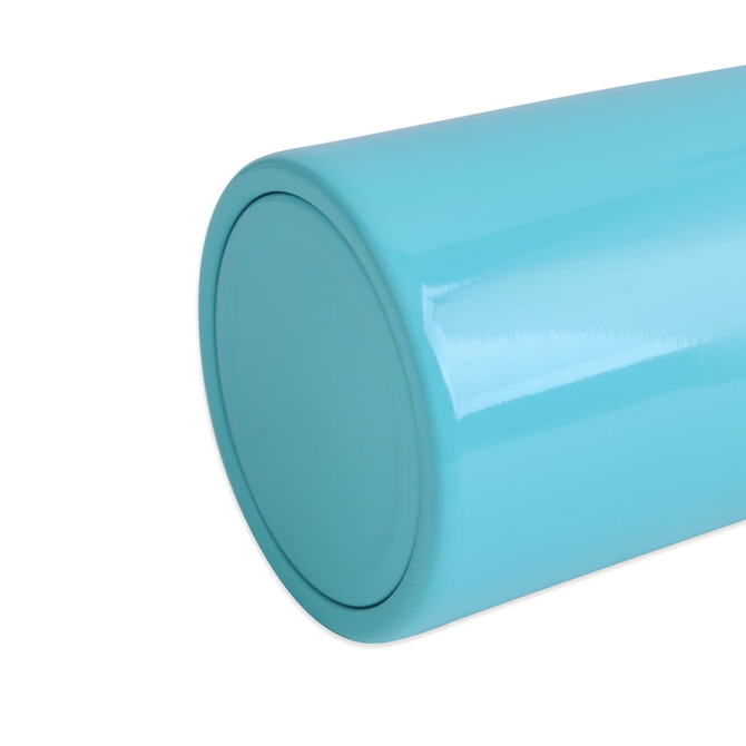 A 14oz stainless steel stubby holder in a bright turquoise colour with a smooth surface and a base. It features a logo.