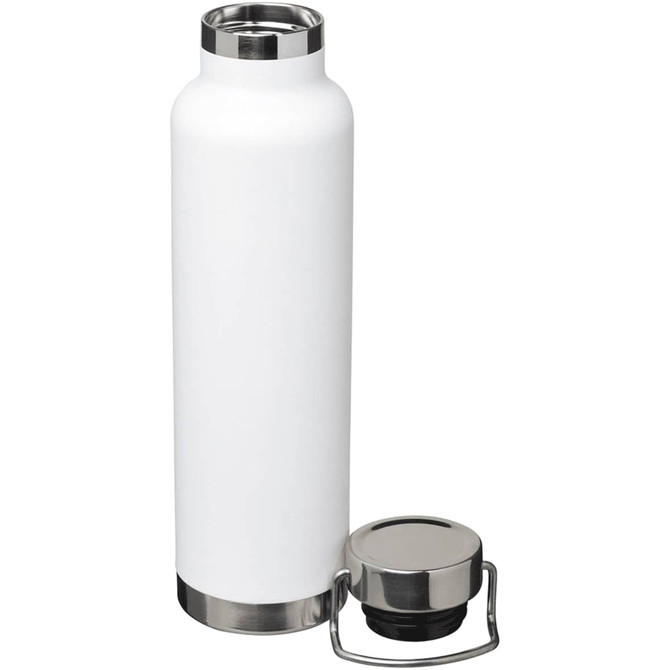 A drink bottle in white with a stainless steel base and lid, featuring a sleek design and a logo.