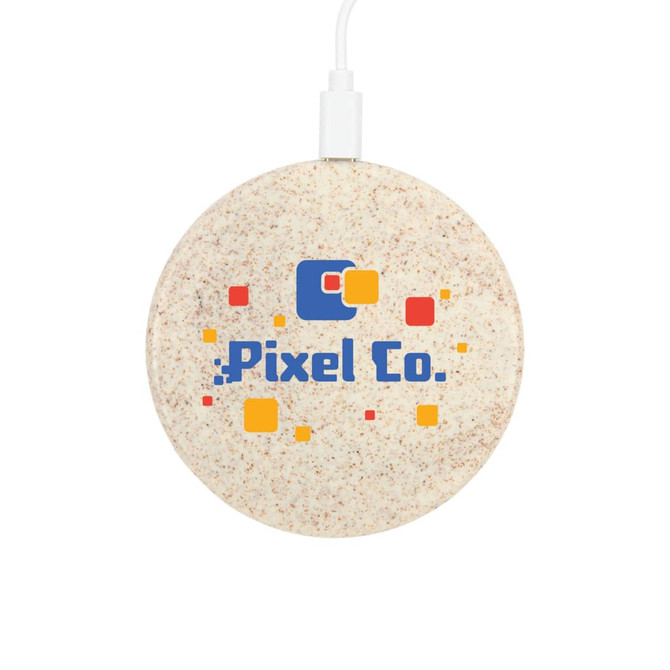 A round, eco-friendly wireless charger in earthy tones, featuring a logo and connected by a white cable.