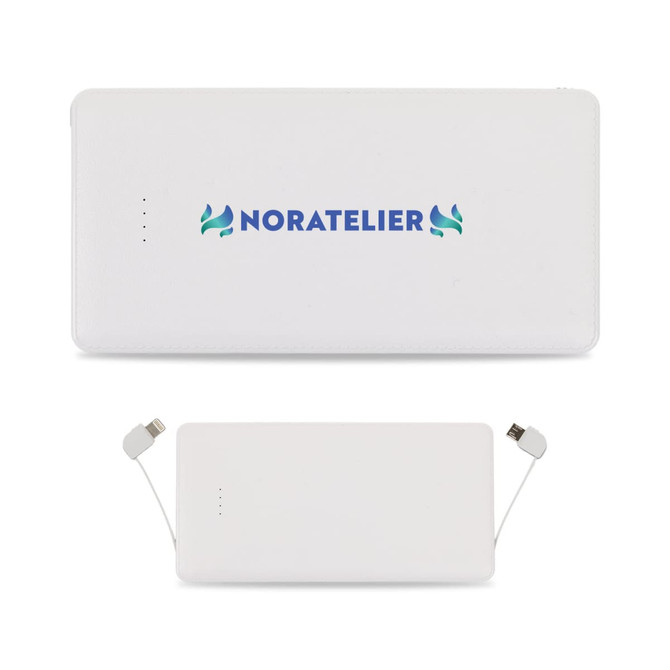 A white power bank featuring integrated charging cables and a logo on the surface.