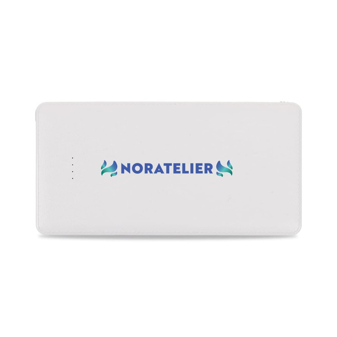 A white power bank with a logo on the front, featuring indicator lights for battery status.