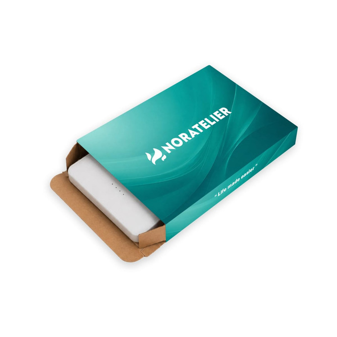 A white power bank in packaging featuring a teal design and a logo. The box is open, revealing the product inside.