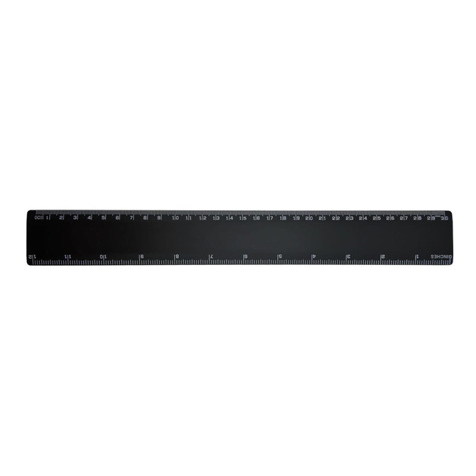 A black 30cm ruler featuring metric markings, with a logo on one side.