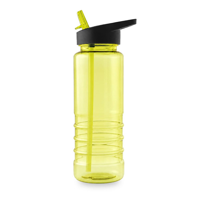 A drink bottle in bright yellow with a black lid and straw, featuring a textured grip design and a logo.