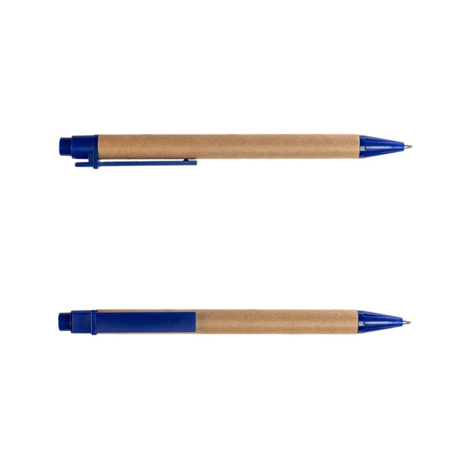 A blue pen with a cardboard barrel and a clip, displayed from two angles on a white background.