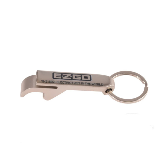 A drink bottle opener and keytag in silver metal, featuring a logo and a keyring attachment.