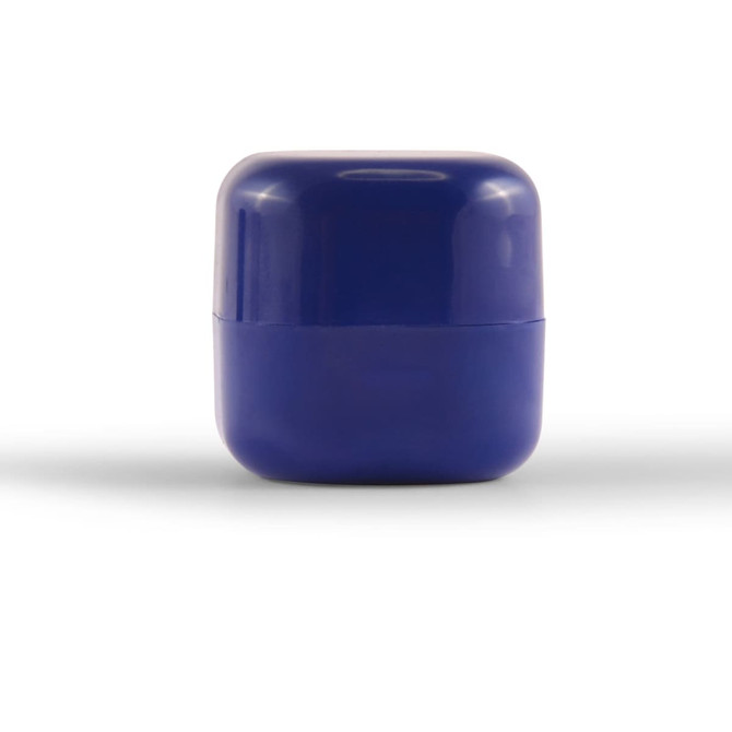 A cube-shaped lip balm container in a deep purple colour. It features a simple design with no visible logo.