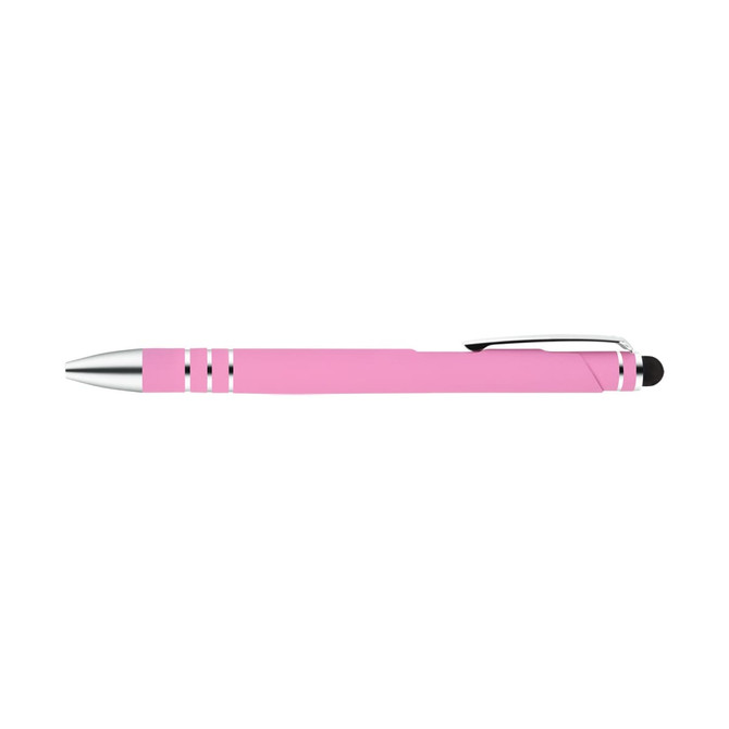 A pink stylus pen with silver accents, designed for writing and touchscreen use.