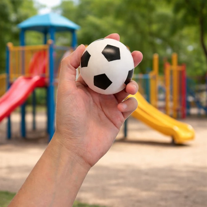 A hand holding a black and white soccer ball, with a playground featuring slides in the background.