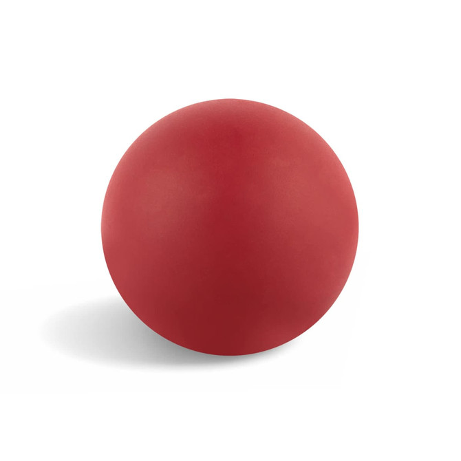 A red ball with a smooth surface, featuring a logo, designed for fun and games.