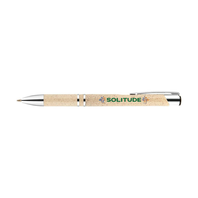 A plastic pen with a cork body and silver accents. It features a logo on the side.