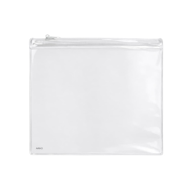 A clear pencil case with a zip closure, featuring a transparent design and a logo in the bottom corner.