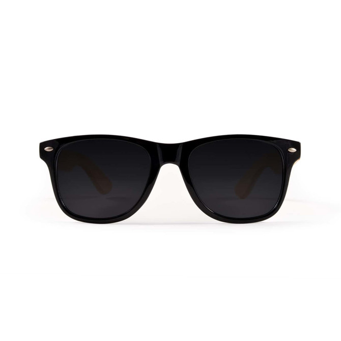 Bamboo sunglasses with a black frame and dark lenses, featuring a logo on the side.