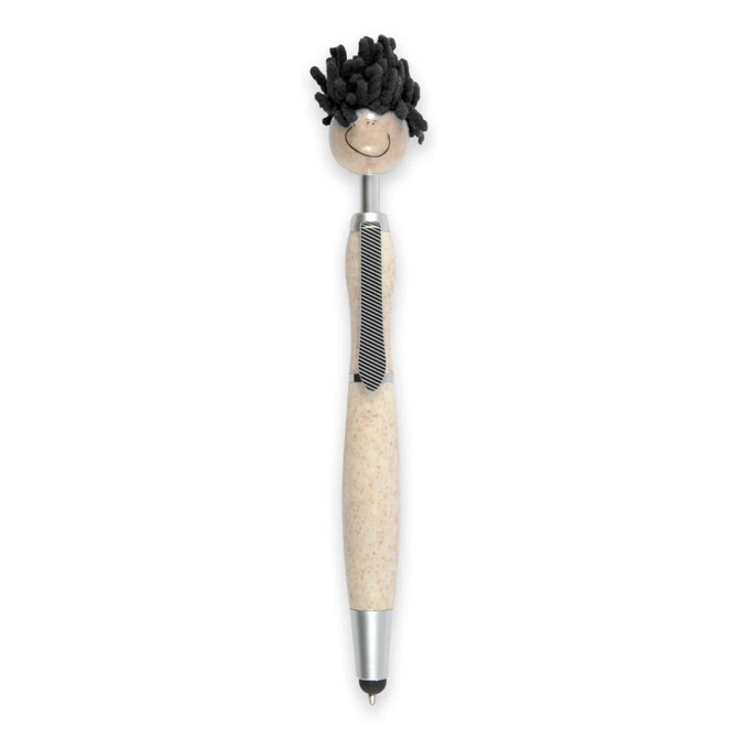 A stylus pen with a playful character on top, featuring a beige body, black hair, and a striped tie design.
