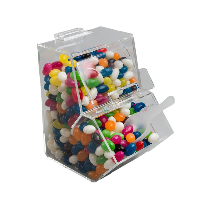 A clear dispenser filled with assorted color mini jelly beans in various vibrant shades.