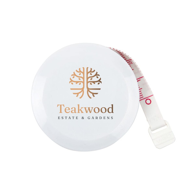 A round white tape measure with a retractable white measuring tape and a logo on the surface.