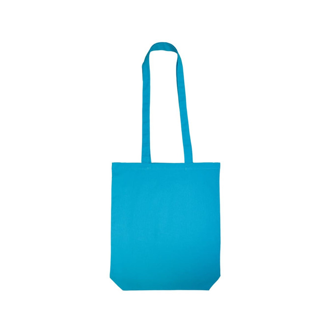 A bright turquoise colored cotton long handle bag with sturdy shoulder straps.