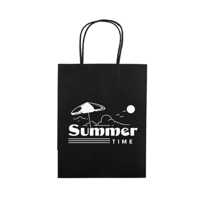 A medium black paper bag featuring a beach scene design and a logo. It has two sturdy handles.