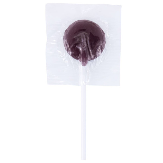 A purple lollipop wrapped in clear plastic with a white stick and a branding logo.
