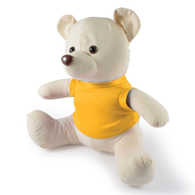 A plush bear toy with a light-colored body and wearing a yellow shirt, designed as The Original Signature Calico Bear.