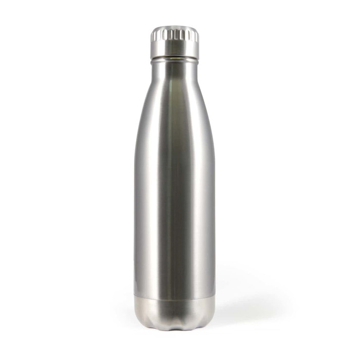 A drink bottle with a sleek silver stainless steel design and a screw-on lid. It features a branding logo.