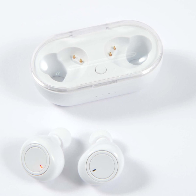 White wireless earbuds with a charging case, featuring a clear top and a built-in logo.