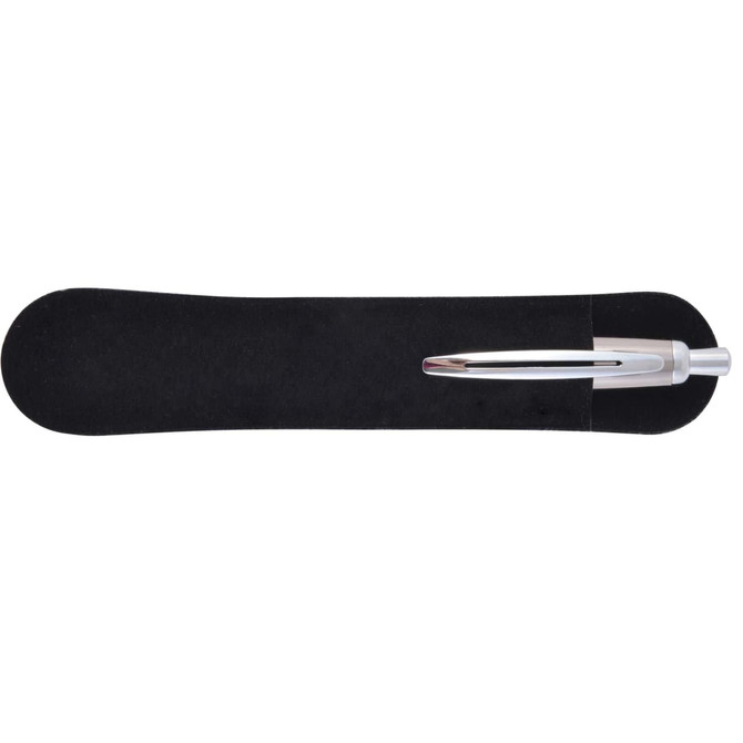 A silver metal pen rests on a black velvet-like holder, showcasing its sleek design and finishing.