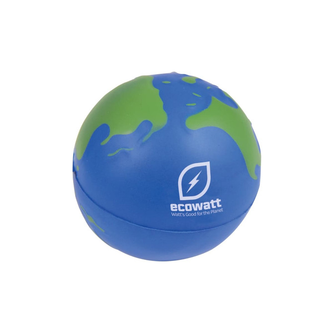 A blue and green globe stress ball featuring a logo, ideal for fun and relaxation.