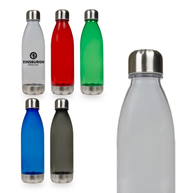 A drink bottle collection featuring sleek designs in clear, green, red, blue, and grey, each with a stainless steel lid.